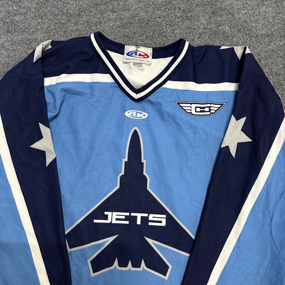 Athletic Knit Hockey Jersey Mens Size Large Blue Jets Frisch 19 Canada Made Star
